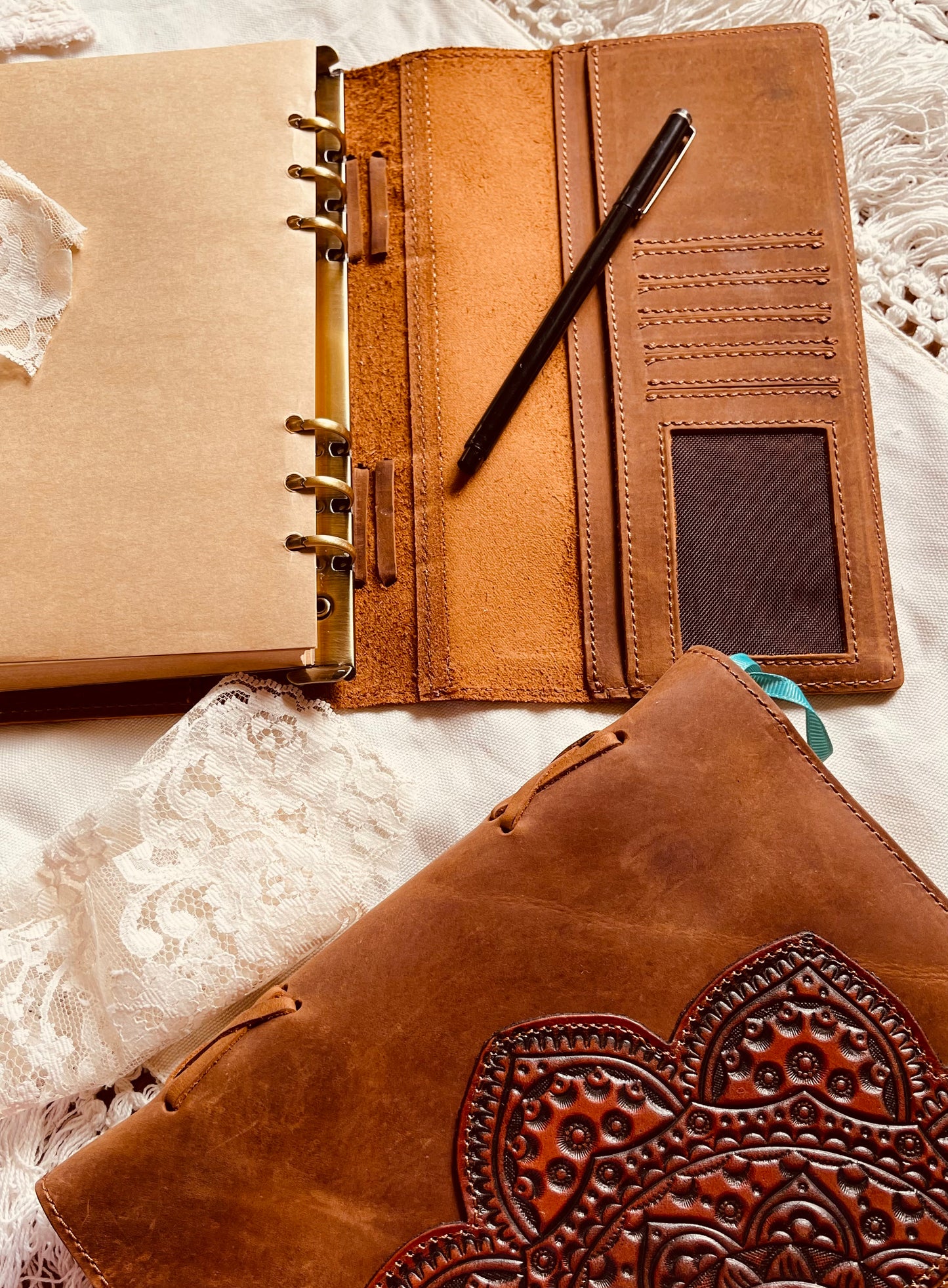 Hand Tooled Mandella & Genuine Leather Journal Binder w/paper
